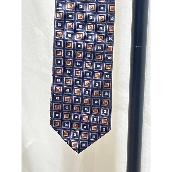 Robert Talbots Navy Blue Orange Geometric Square Pattern Silk Mens Tie